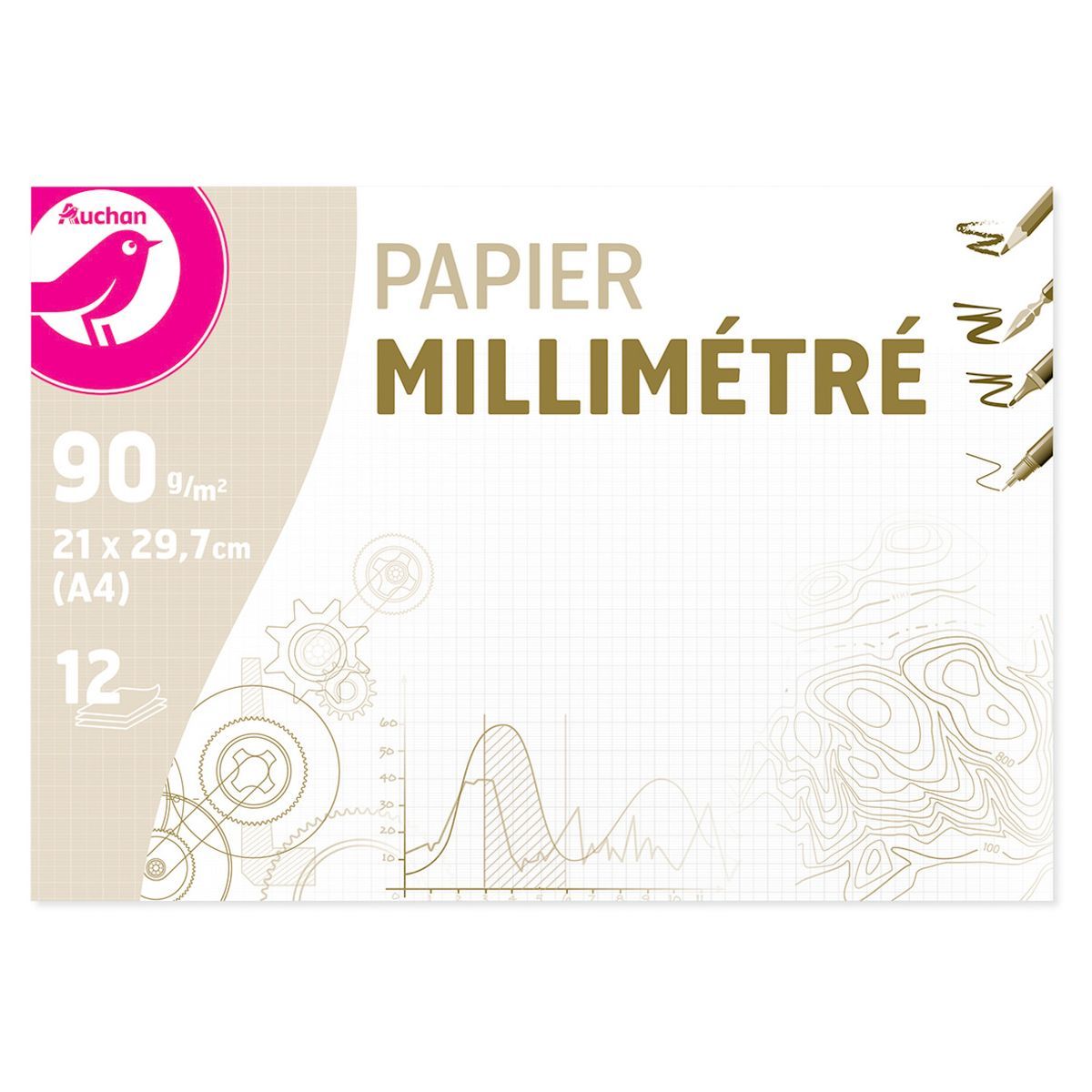 AUCHAN Pochette papier millimétré 12 feuilles A4 90g/m2 pas cher