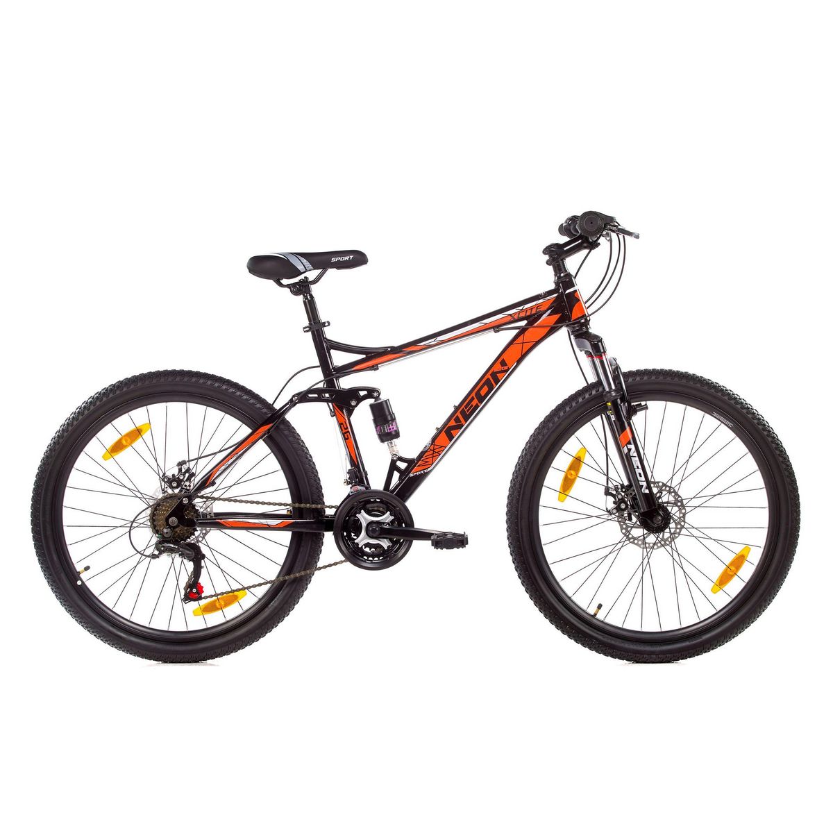 VTT 26 Tout Suspendu Homme Xcite Neon Cadre acier Double Freins a Disque Potence Head set Derailleur arriere Shimano TY500 Poignees Revoshift ASLR35 pas cher Auchan