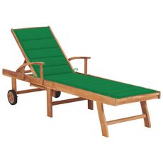 Chaise longue avec coussin vert Bois de teck solide