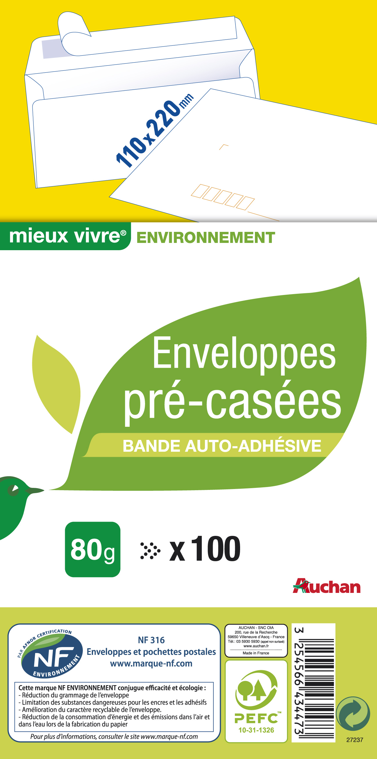 AUCHAN Lot de 100 enveloppes 11x22cm 100 pièces pas cher 