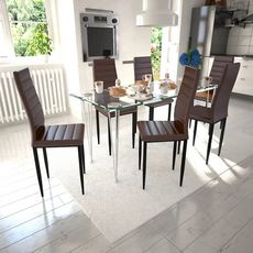 Lot de 6 chaises marron aux lignes fines avec une table en verre