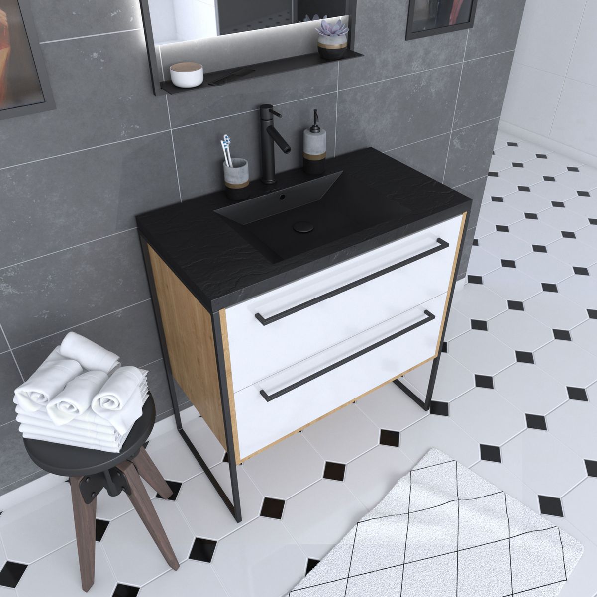 Aurlane Meuble de salle de bain 80x50cm - vasque noir effet pierre 80x50cm - 2 tiroirs