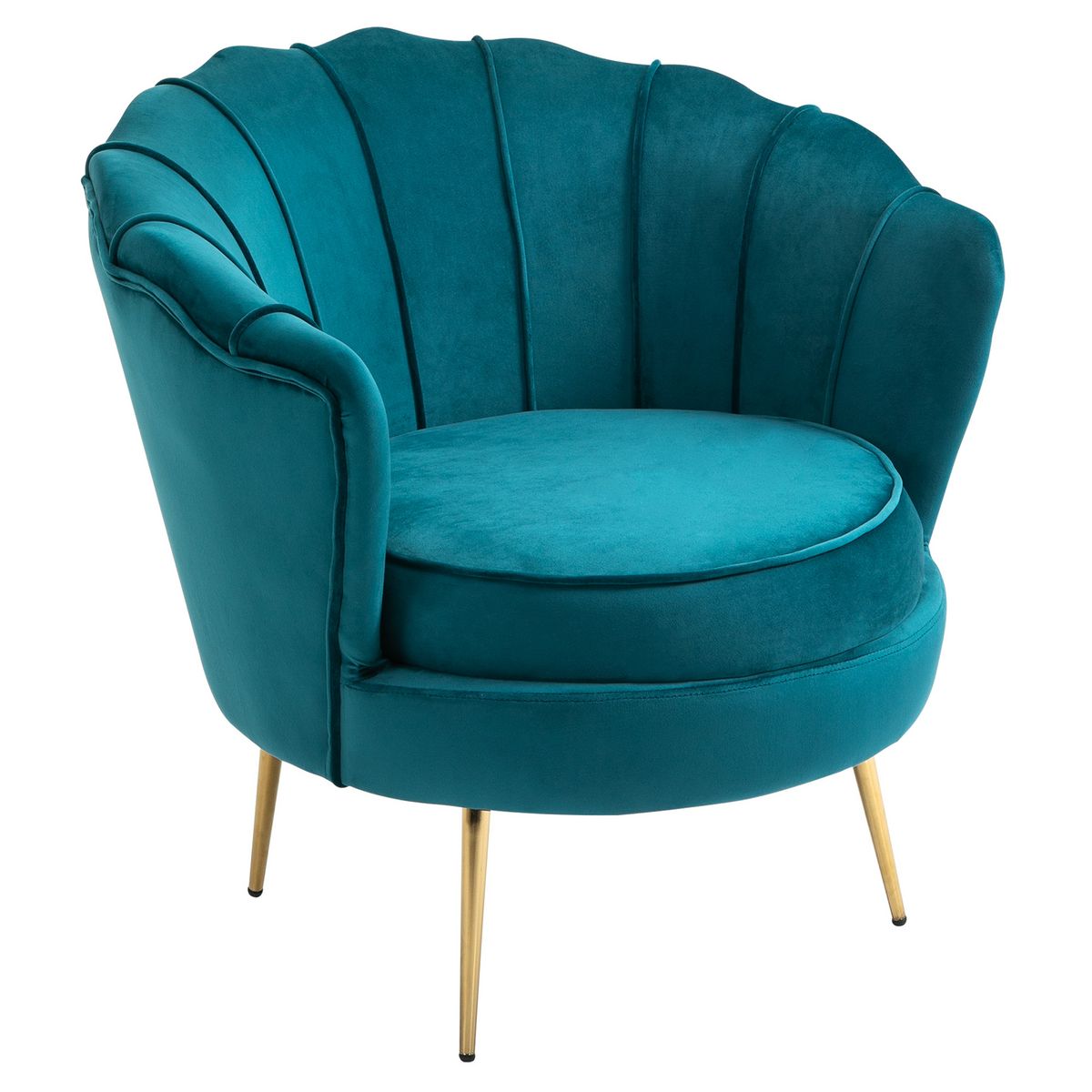 HOMCOM Fauteuil coquillage fauteuil design dim. 79L x 77l x 77H cm pieds dorés effilés velours bleu canard