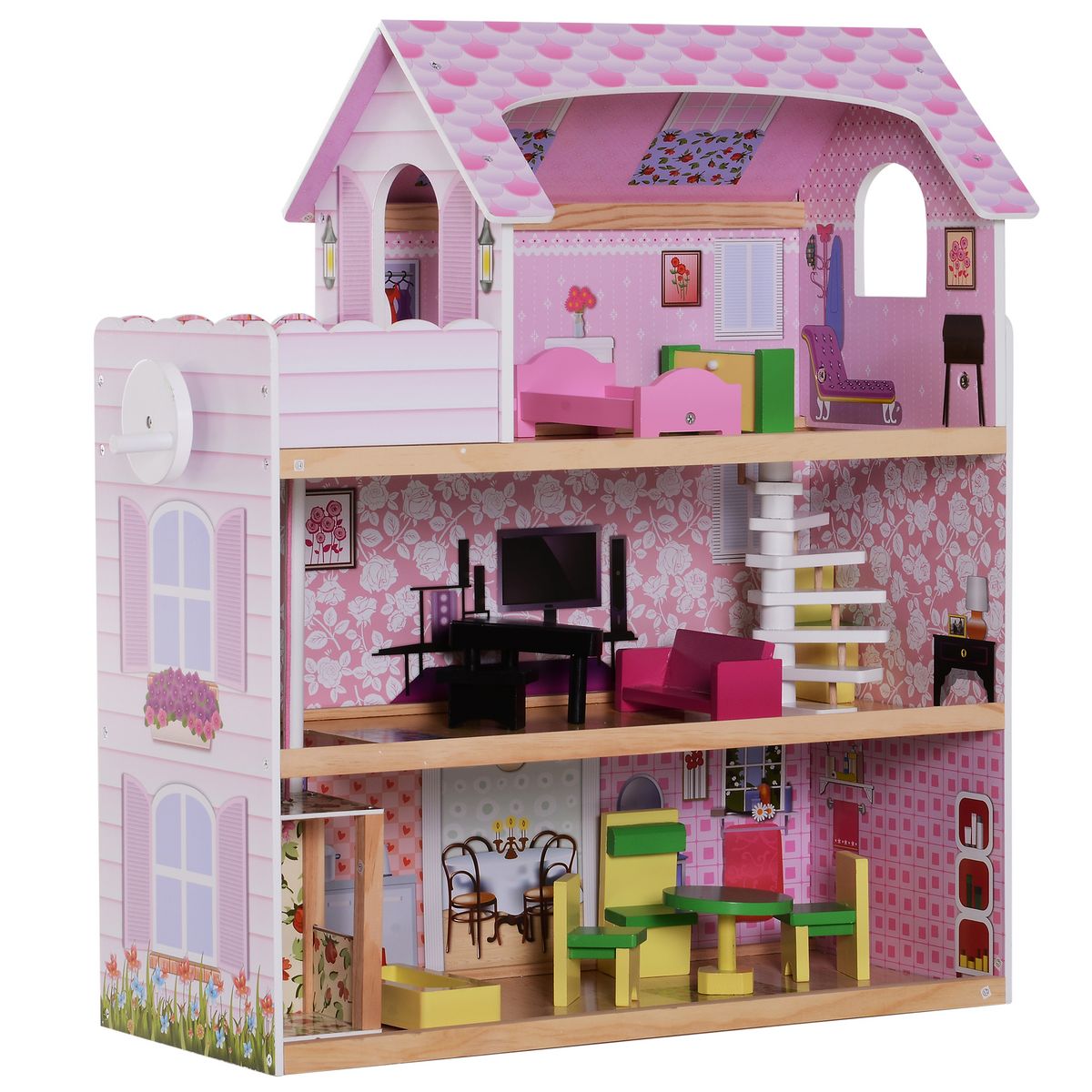 HOMCOM Maison de poupée en bois jeu d'imitation grand réalisme multi-équipements 60L x 30l x 72H cm blanc rose