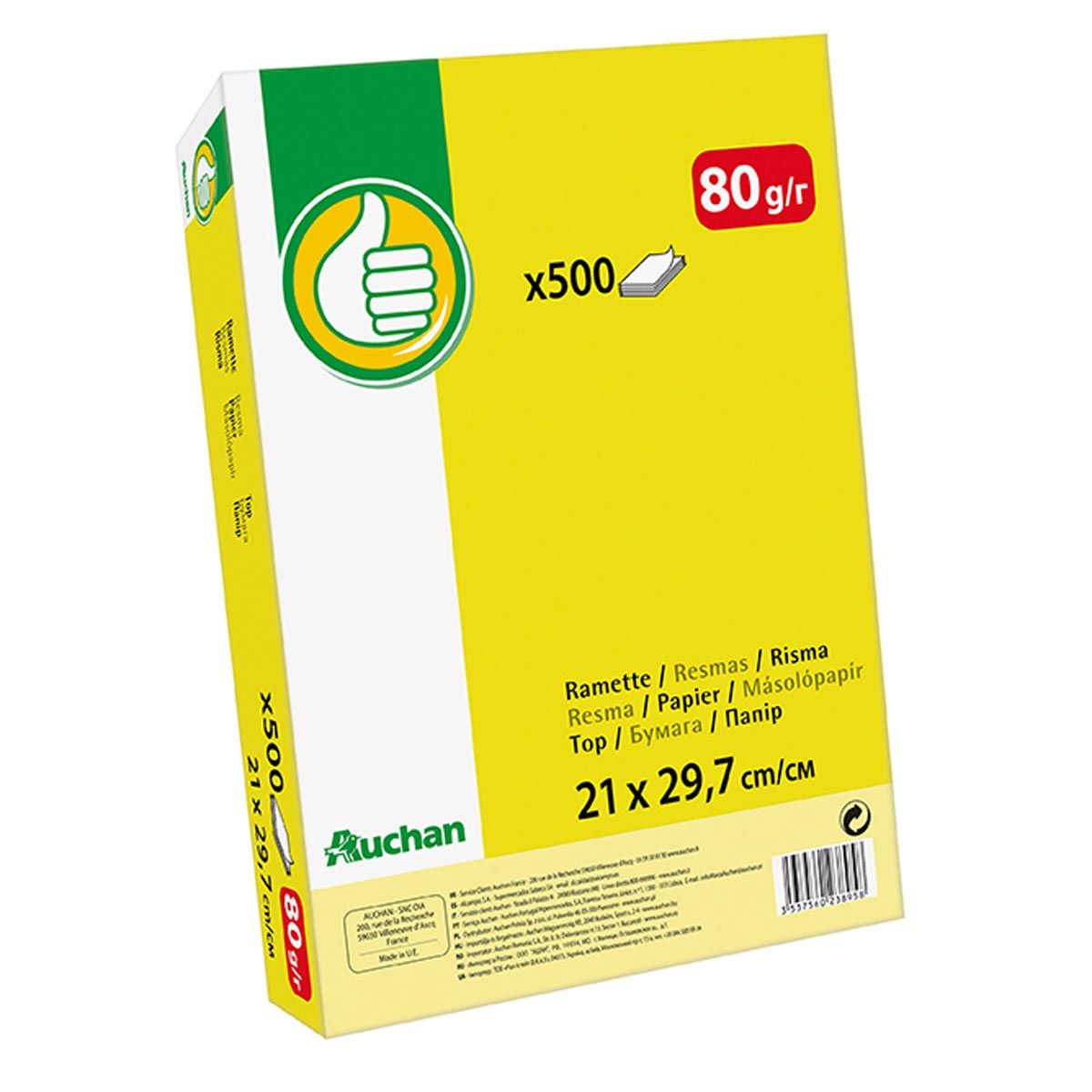 AUCHAN : Ramette de papier ultra blanc 500 feuilles A4 80 g