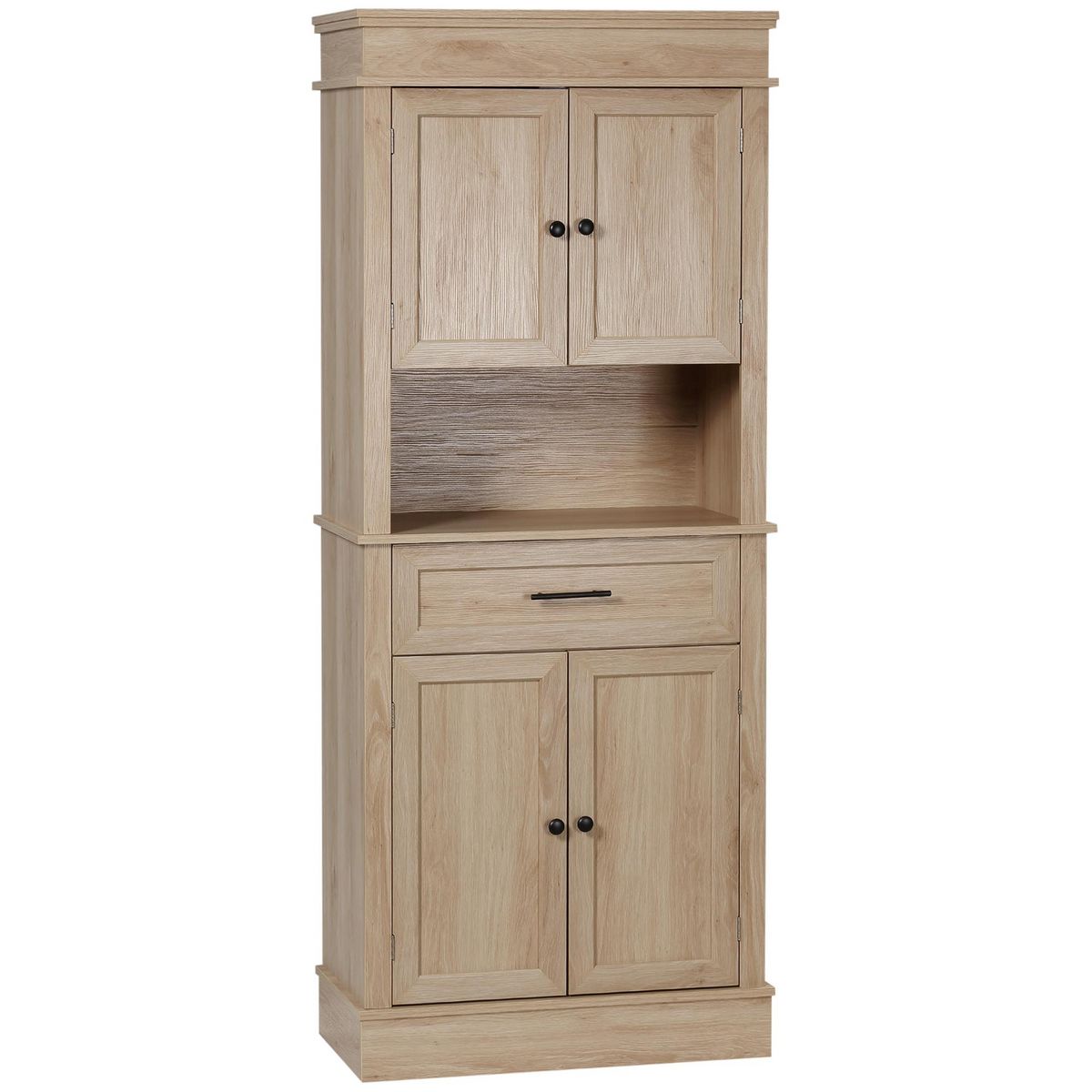 Buffet haut - armoire de cuisine multi-rangement - 3 portes, 4 niches,  tiroir - piètement métal noir panneaux particules aspect bois clair