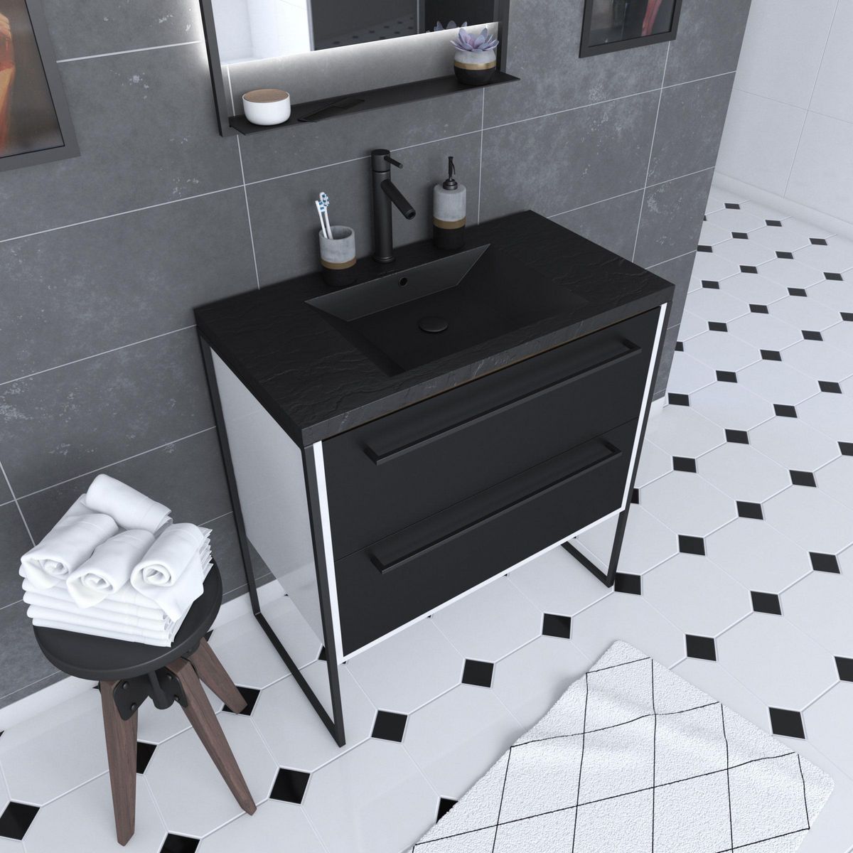 Aurlane Meuble de salle de bain 80x50cm Blanc - 2 tiroirs noir mat - vasque resine noire effet pierre