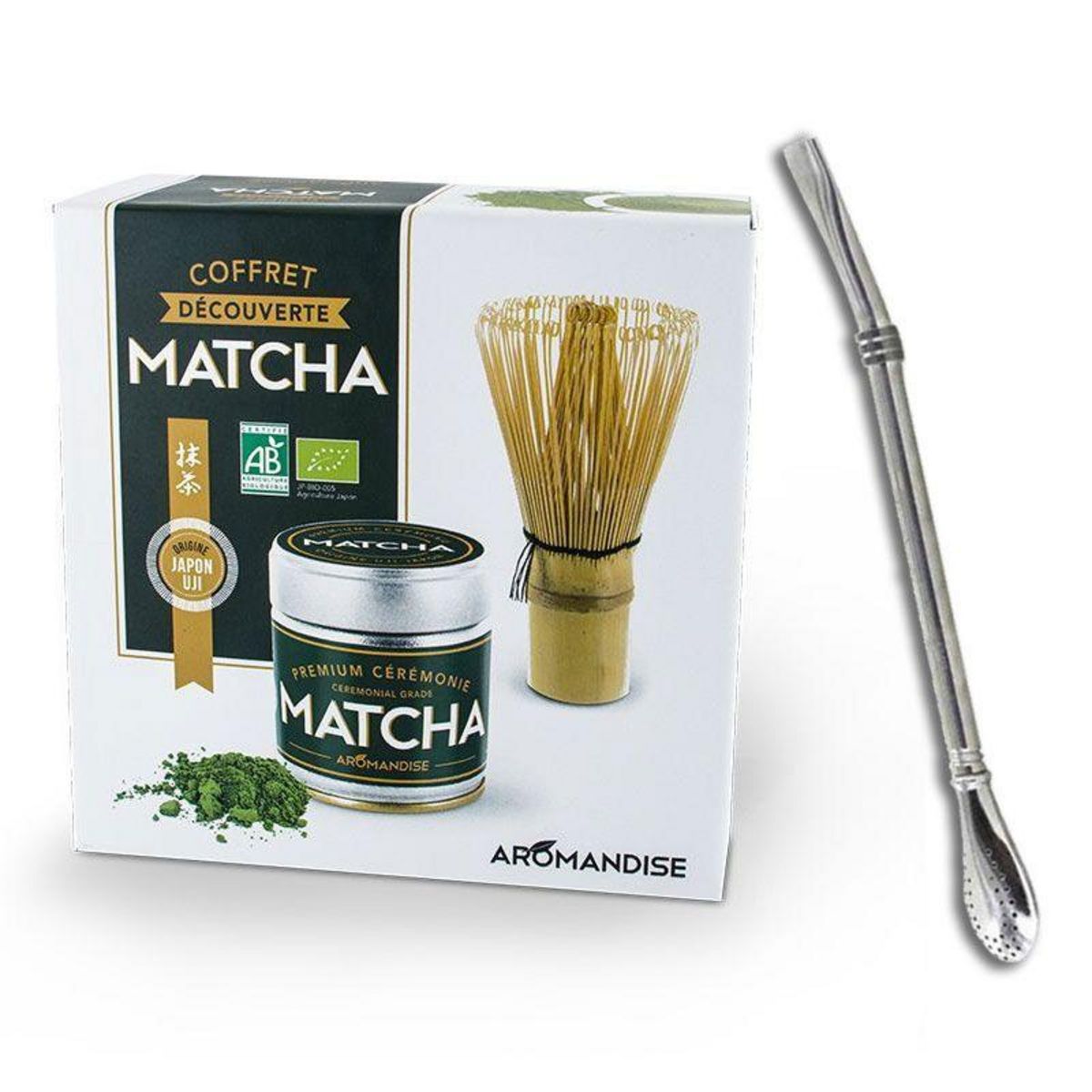 Thé Matcha de cérémonie Premium 30 g + paille inox avec filtre Aromand 