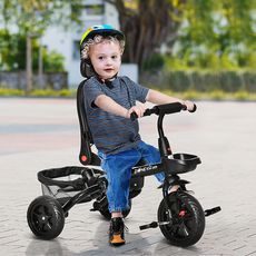HOMCOM Tricycle enfant évolutif pliable - pare-soleil, canne télescopique amovible - siège pivotant, harnais, arceau sécurité - repose-pied - 3 paniers rangement - métal PP gris noir
