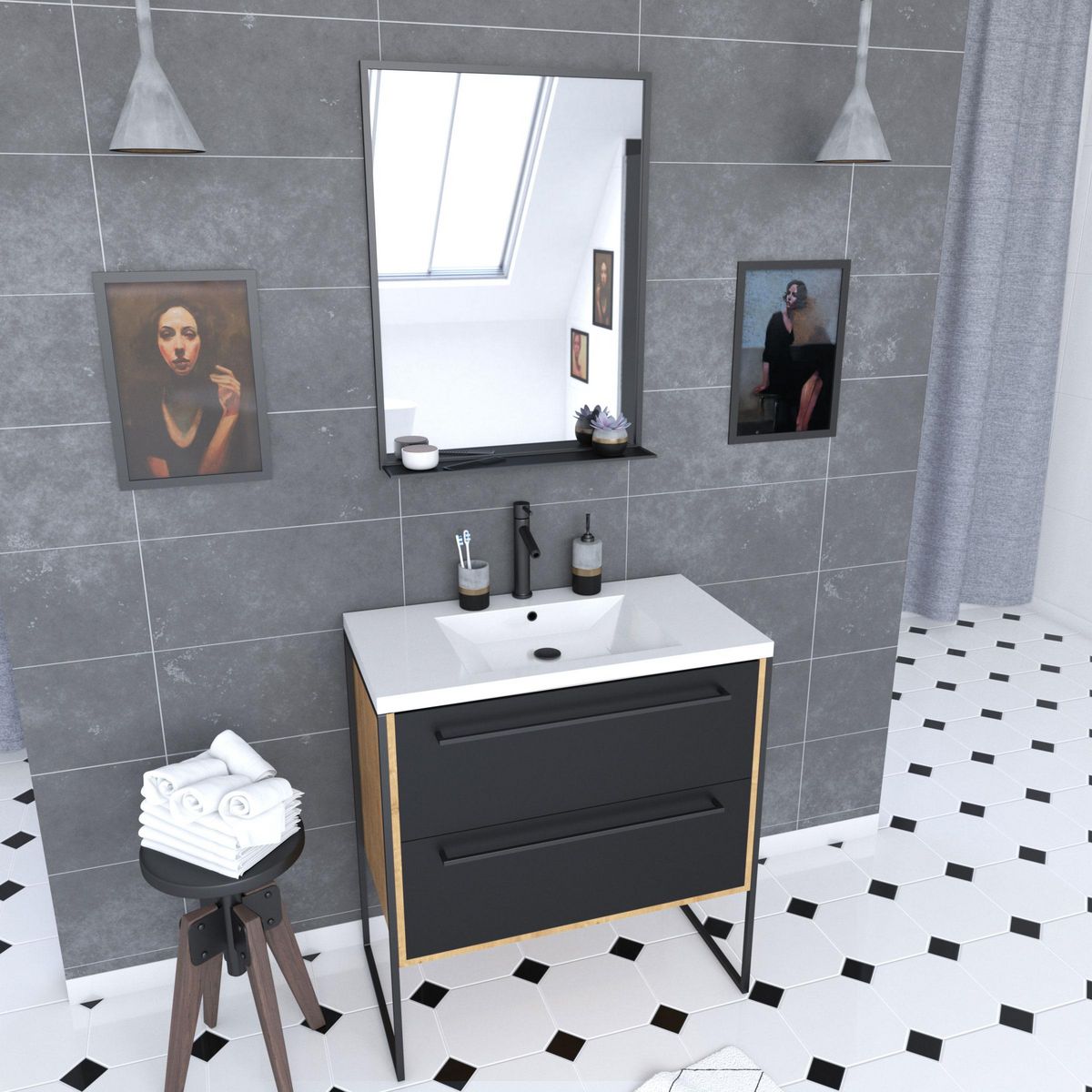 Aurlane Meuble de salle de bain 80x50cm - vasque blanche 80x50cm - 2 tiroirs noir mat + miroir