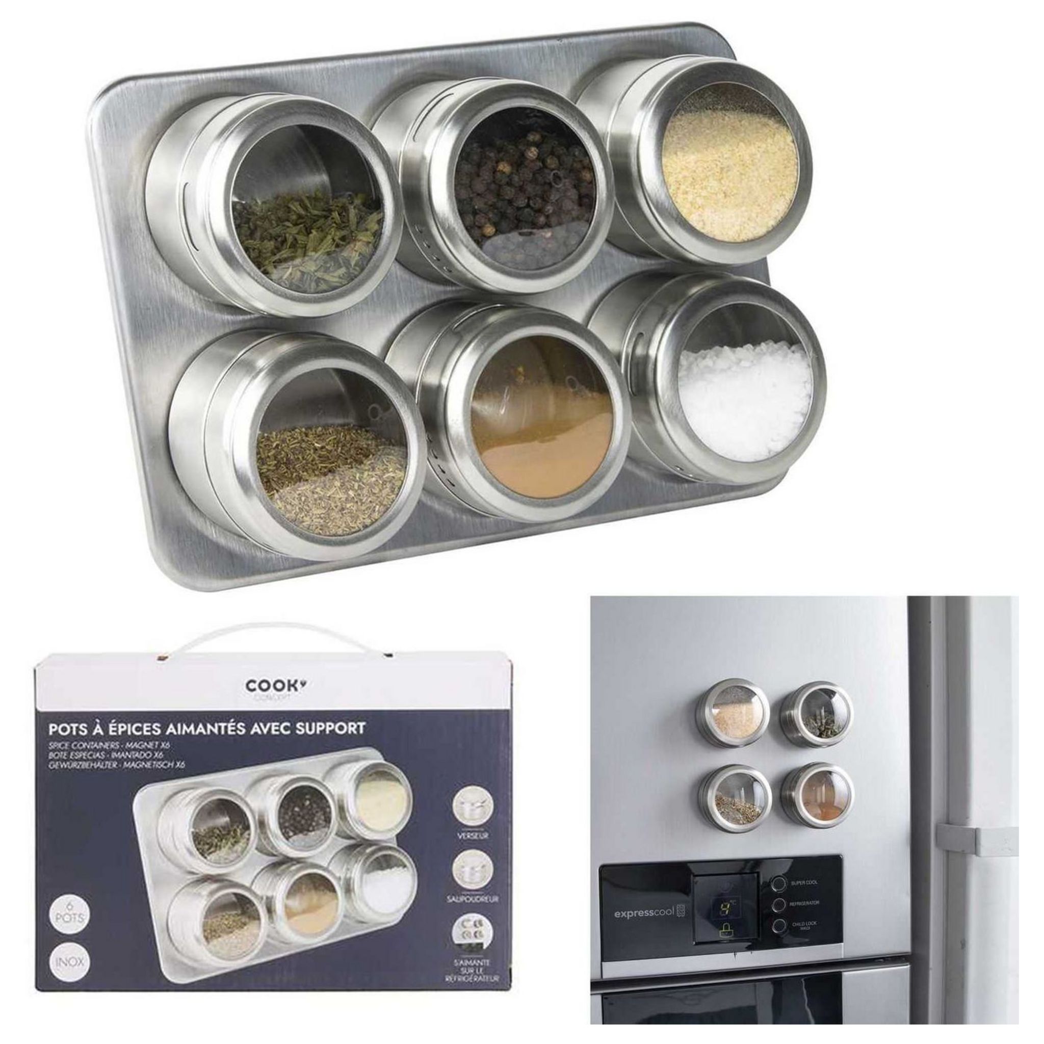 6 pots à épices présentoir inox magnétique : Chez Rentreediscount