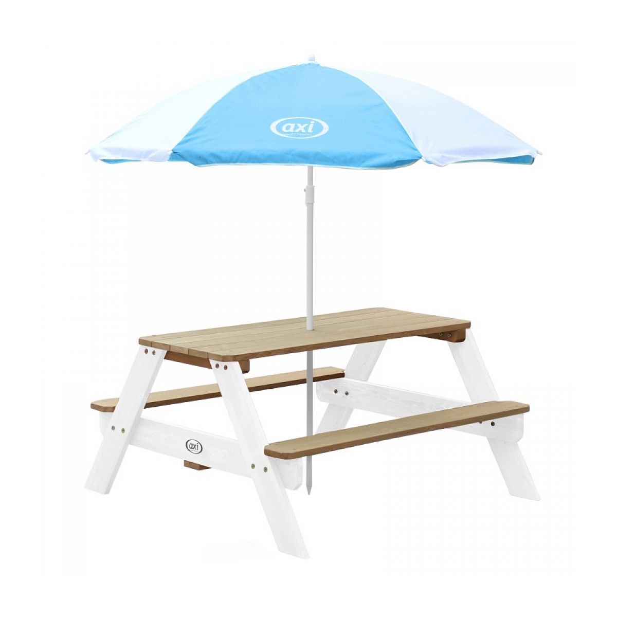 Axi House AXI Table Picnic NICK Brun Blanc avec parasol Bleu Blanc 98x95x49cm