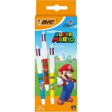 BIC Lot de 3 stylos bille 4 couleurs rétractable pointe moyenne SUPER MARIO coloris assortis