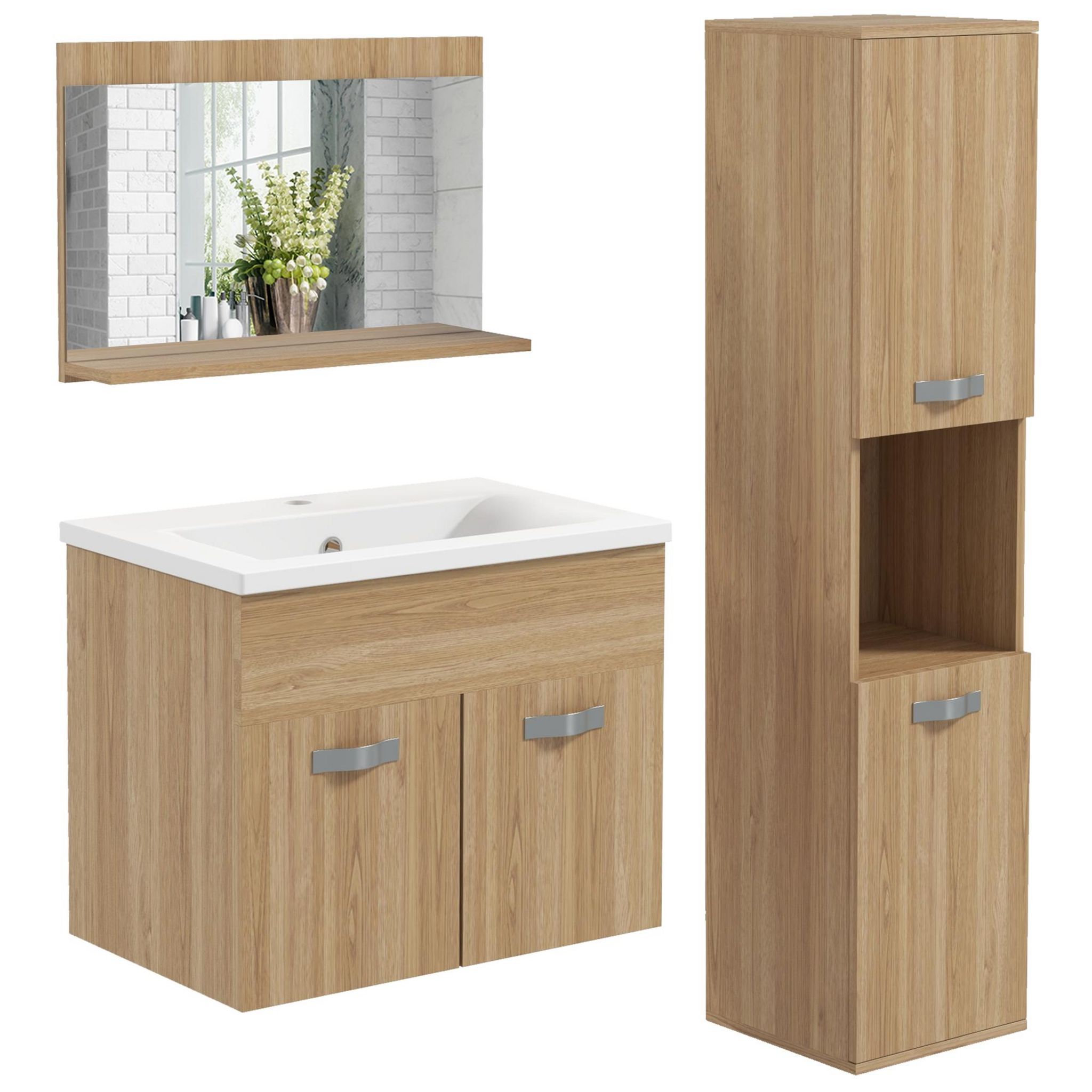 Ensemble BUENO NOIR LAQUE salle de bain L80 avec 1 colonne basse, 1 miroir- armoire et 1 meuble haut