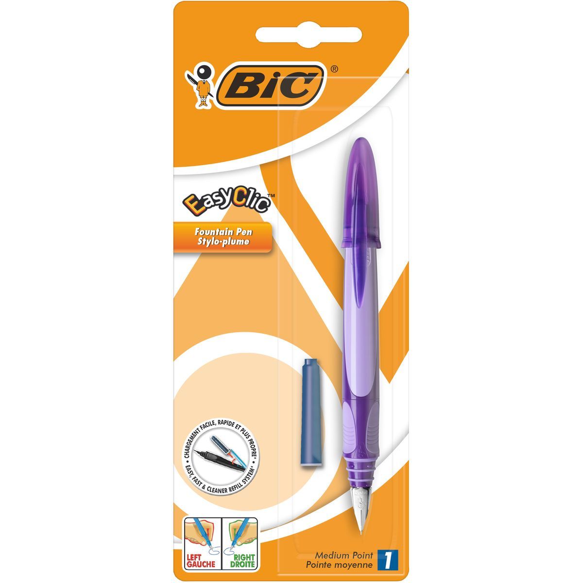 BIC Stylo plume pointe moyenne rechargeable EasyClic violet + 1 petite  cartouche d'encre pas cher 