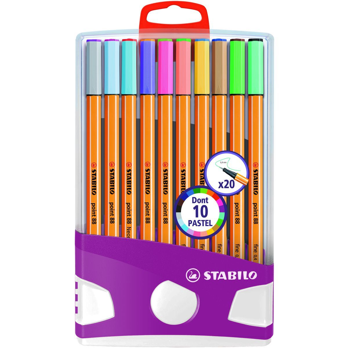 STABILO Lot de 20 stylos feutres pointe fine 0.4mm 10 éclatantes + 10  pastels Point 88 pas cher 