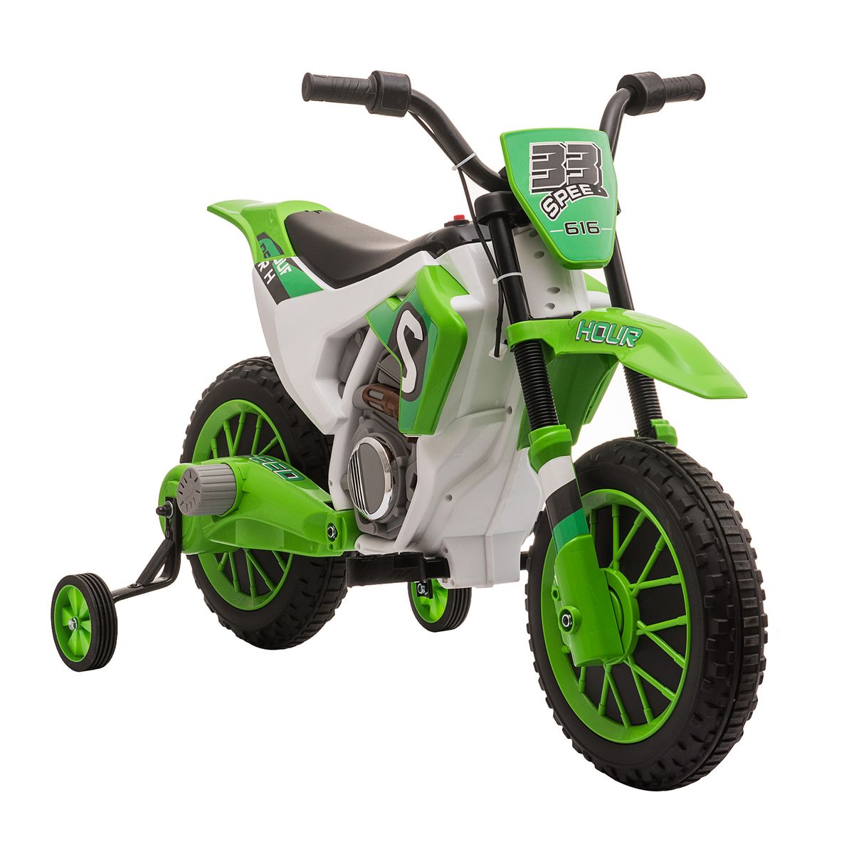 HOMCOM Moto cross électrique pour enfant 3 à 5 ans 12 V 3-8 Km/h avec  roulettes latérales amovibles dim. 106,5L x 51,5l x 68H cm vert pas cher 