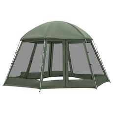 Tente de camping familiale 6-8 personnes - tente hexagonale - avec sac de transport et piquets de sol - dim. 493L x 493L x 240H cm fibre verre polyester - vert