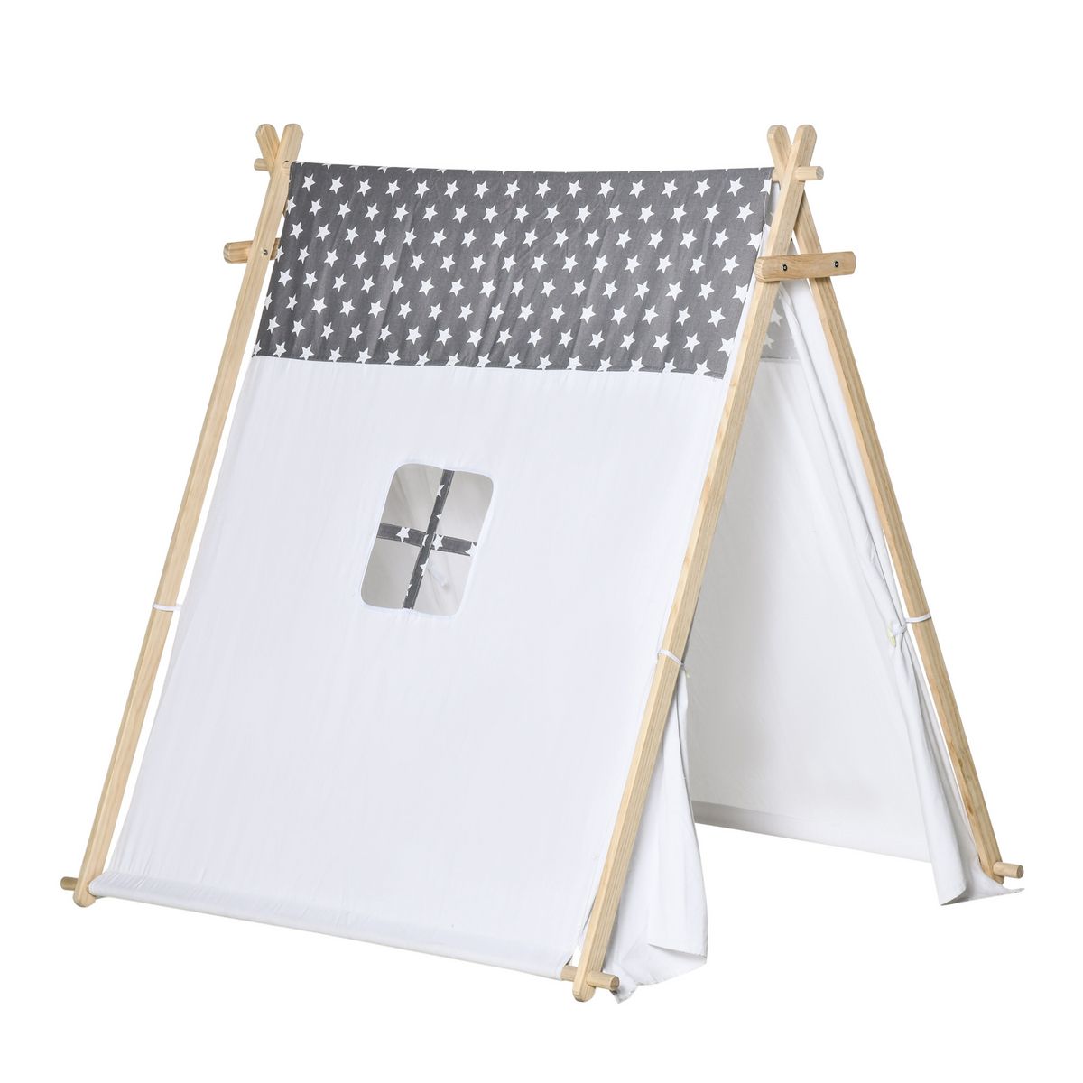 HOMCOM Tente teepee indien enfant motif étoiles - dim. 1,3L x 1,11I x 1,36H m - 2 portes refermables, fenêtre - structure bois, toile polyester coton gris blanc