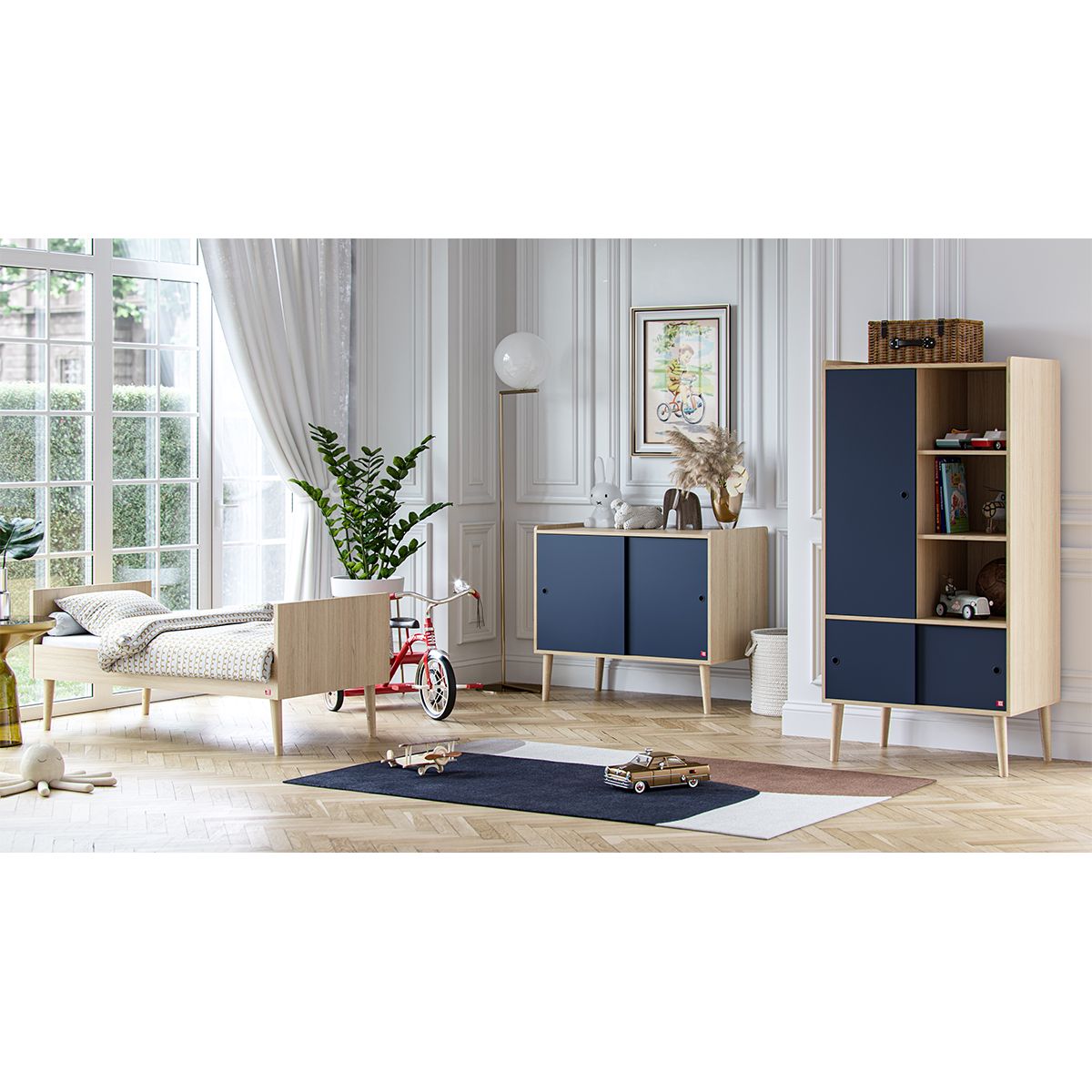 VOX Chambre complète lit évolutif 70x140 - commode et armoire 1 porte Retro - Bois Bleu