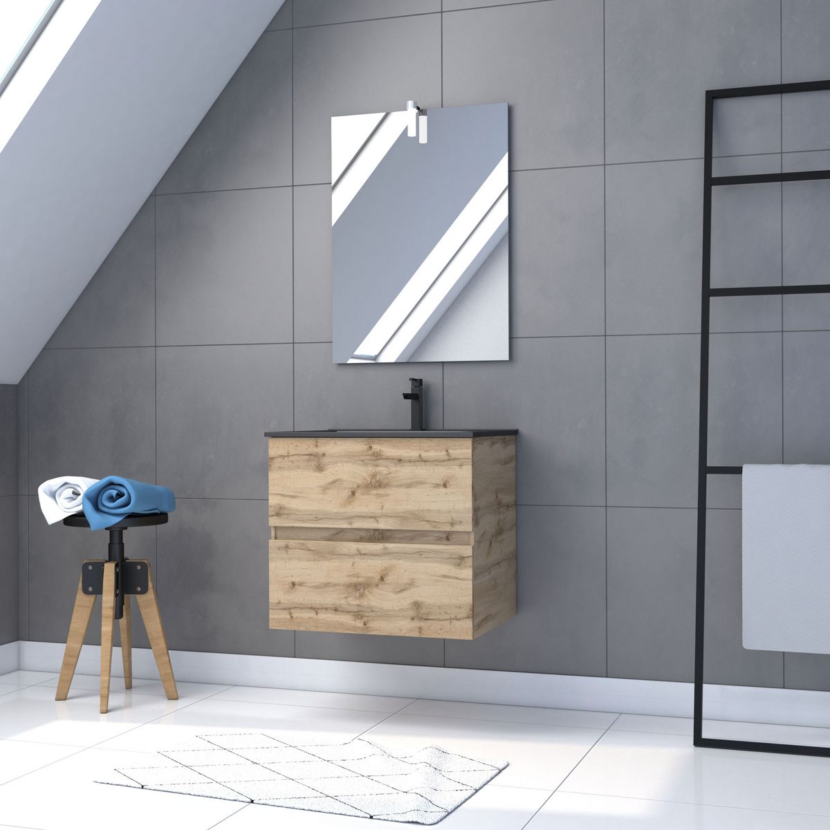 Aurlane Meuble salle de bain 60x54 - Finition chene naturel + vasque noire + miroir Led - TIMBER 60 - Pack29