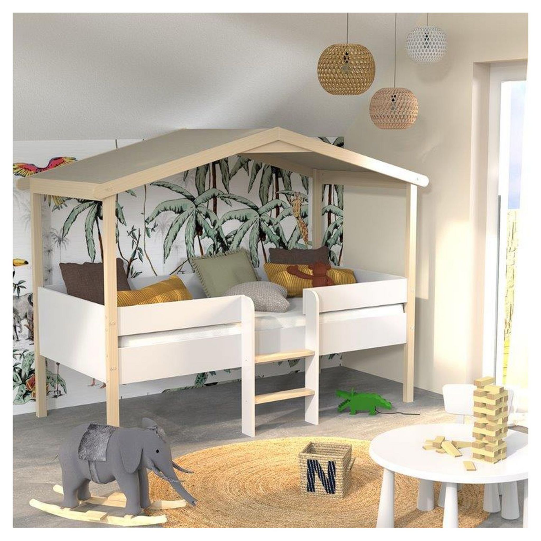 Lit cabane enfant 90 x 190 cm avec sommier et échelle TOTEM pas