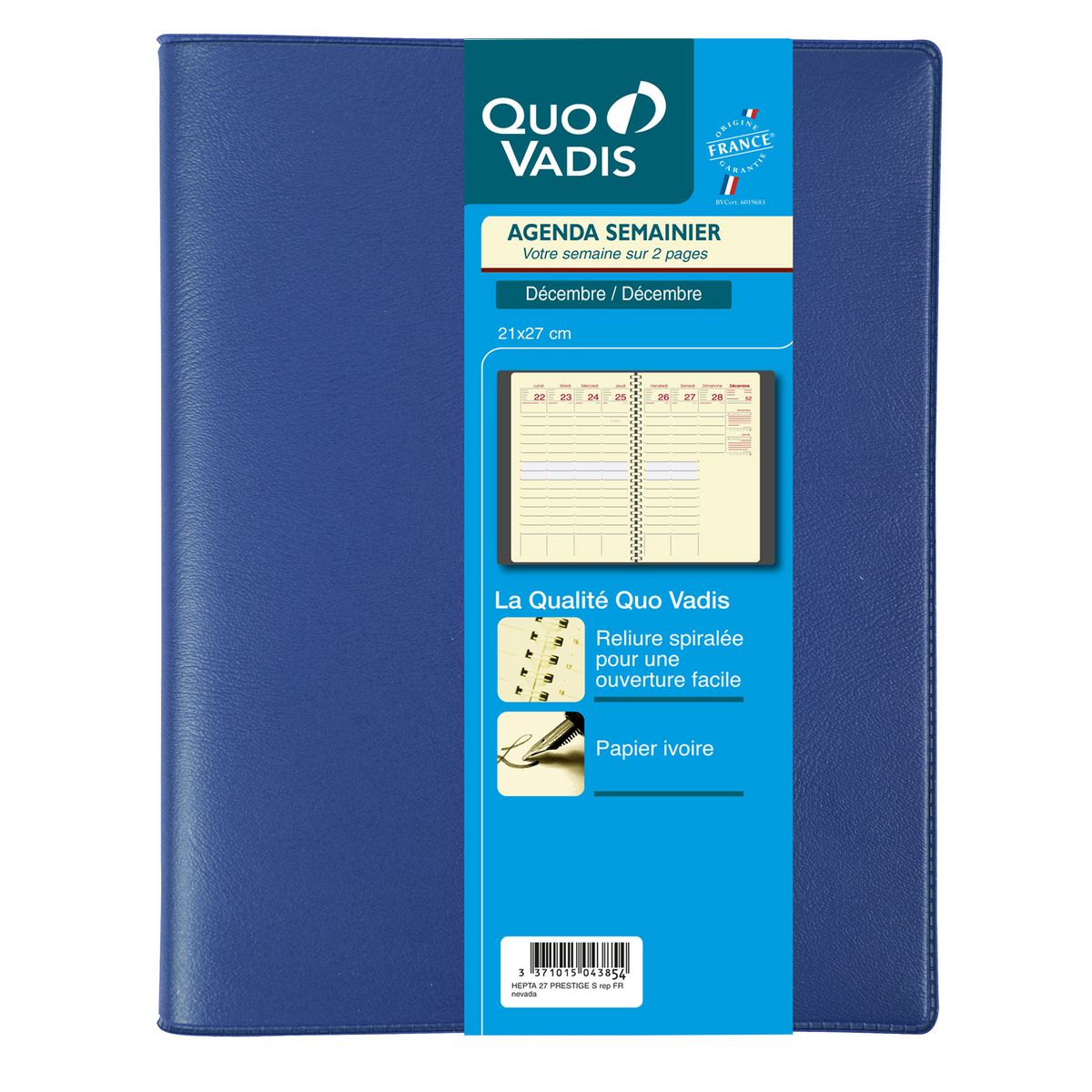 QUO VADIS Agenda semainier à spirale décembre / décembre 21x27cm - bleu pas  cher 