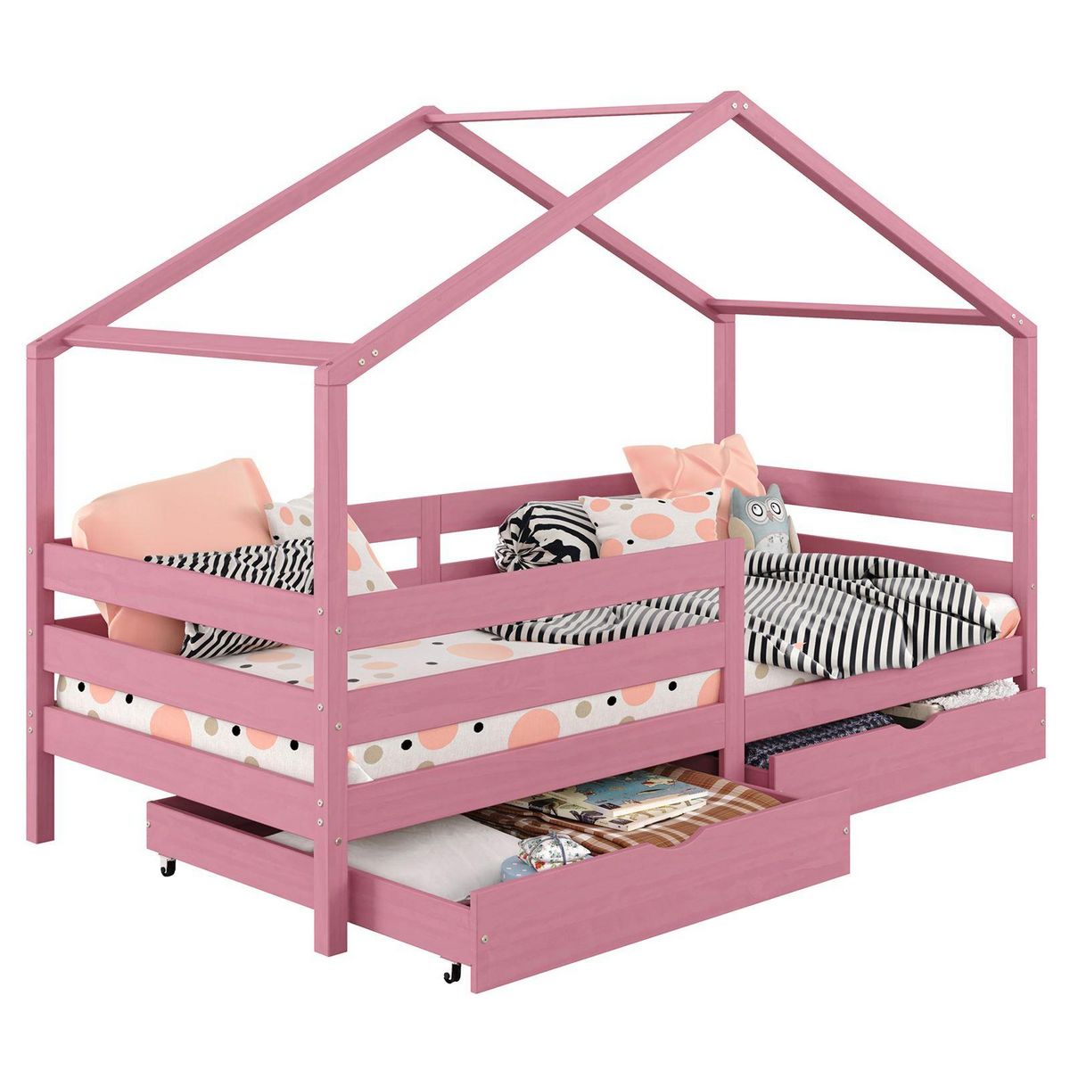 IDIMEX Lit cabane ENA lit enfant simple 90 x 200 cm, avec 2 tiroirs de rangement, en pin massif lasuré rose