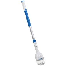 Aspirateur balai électrique sans fil piscine spa - manche télescopique 100-150 cm - roulettes, brosse, sac filtrant - ABS alu. - blanc bleu