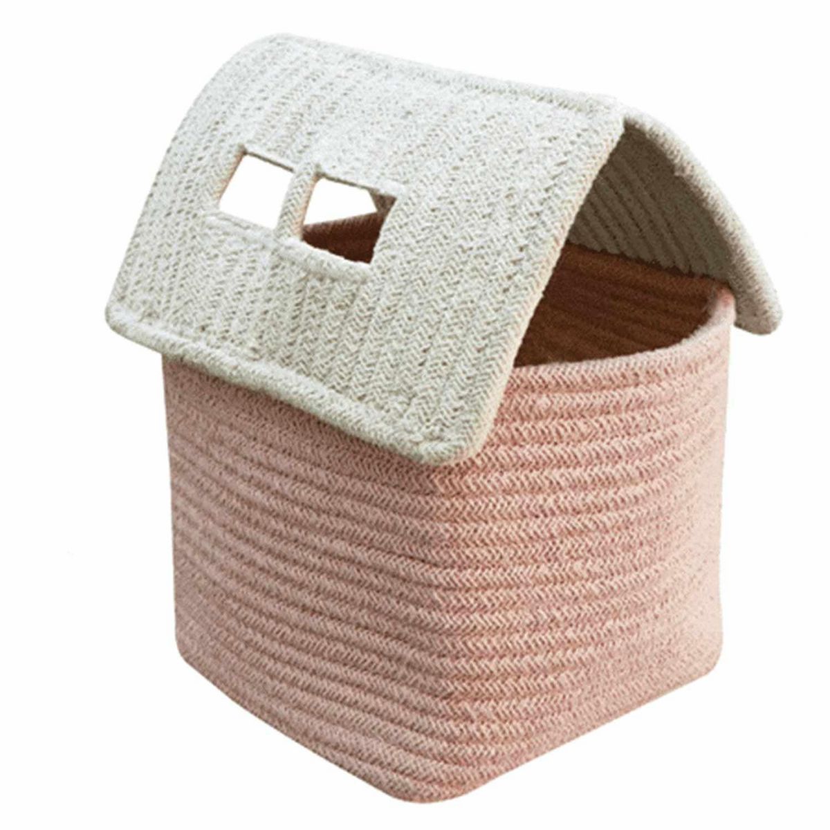 Panier rangement enfant - maison rose et vert pastel - 22 x 22 x