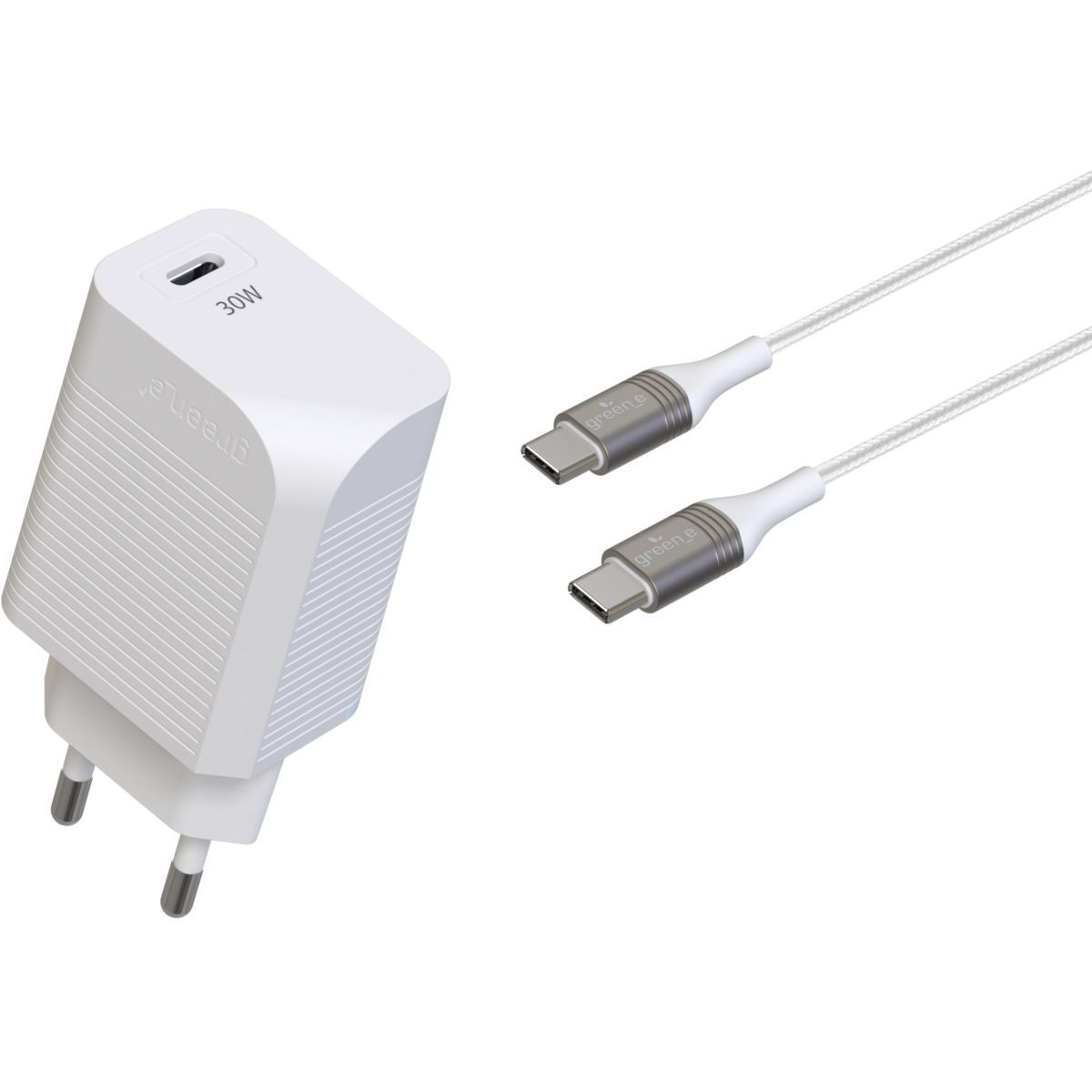 GREEN E Chargeur USB C USB-C 30W + Cable USB-C blanc