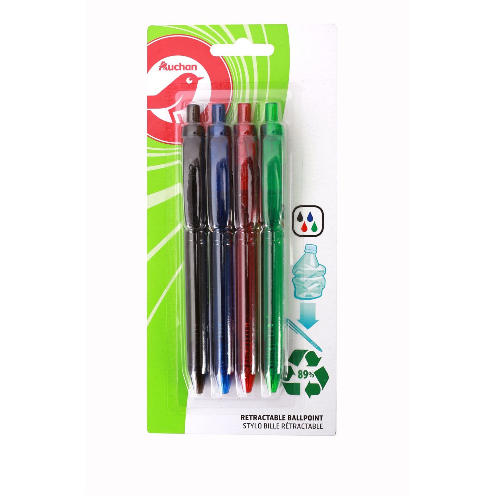 AUCHAN Lot de 4 stylos bille rétractable pointe moyenne  bleu/rouge/vert/noir pas cher 