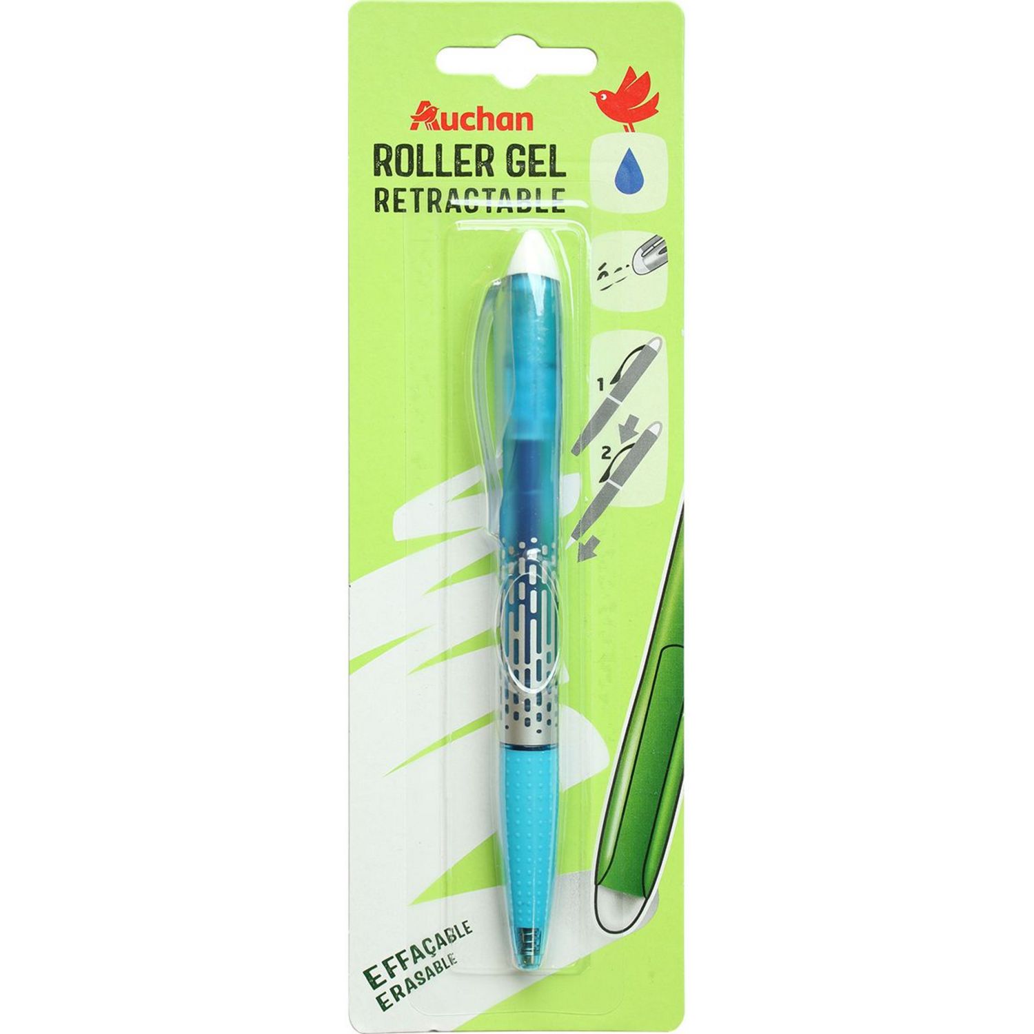 AUCHAN Stylo roller gel effaçable vert + 3 recharges pas cher