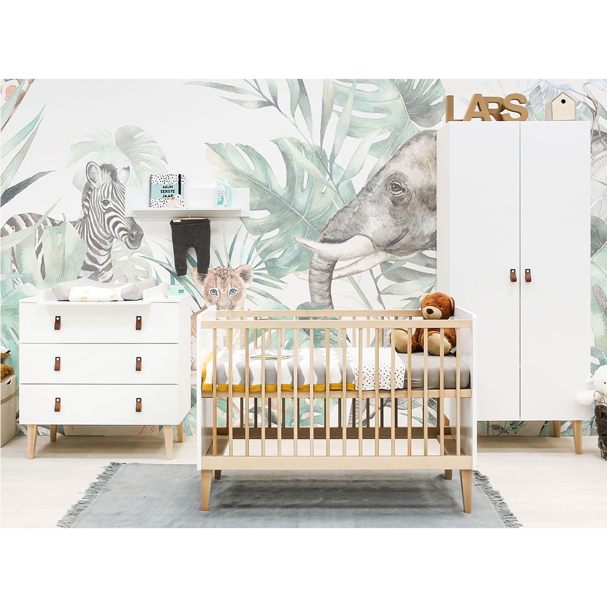 BOPITA Chambre complète lit bébé 60x120, commode à langer et armoire 2 portes Indy - Blanc et bois naturel