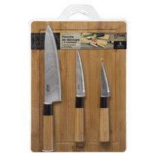 Planche de découpe + 3 couteaux en bambou