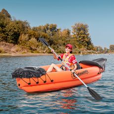 Canoé kayak gonflable 1 personne - gonfleur et rame en aluminium inclus - PVC orange noir