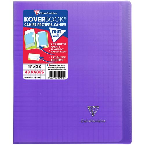 Cahier piqué polypro Koverbook 17x22cm 48 pages grands carreaux Seyes violet transparent