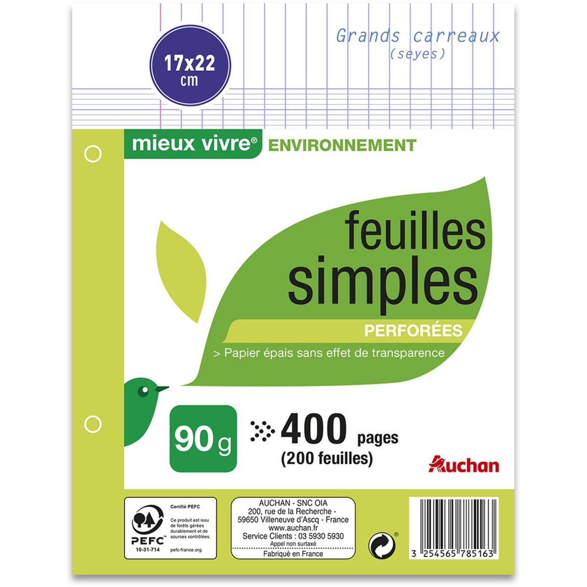 Lot de 400 Pages Feuilles Simples Grands Carreaux Seyès Format A4