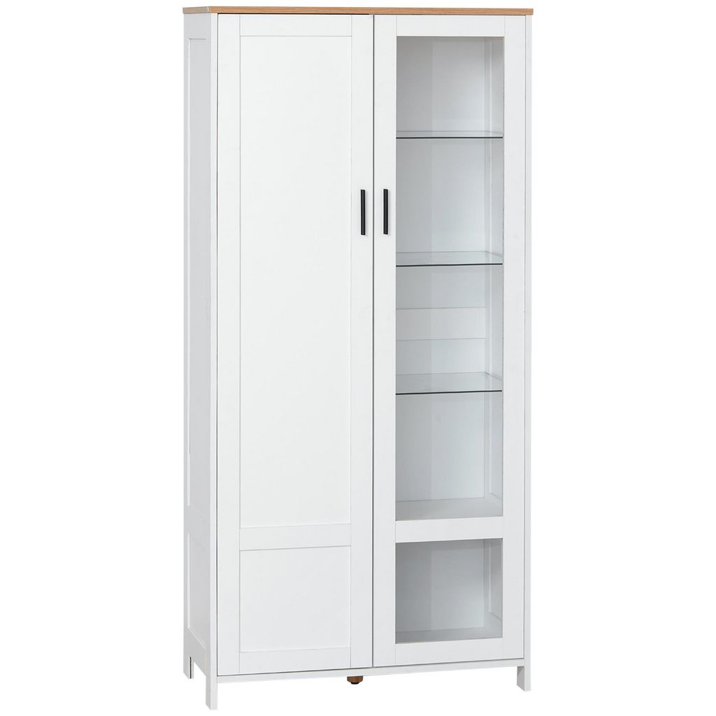 HOMCOM Armoire de cuisine multi-rangement 4 portes vitrine verre avec  étagère tiroir coulissant grand plateau panneaux particules blanc aspect  chêne clair