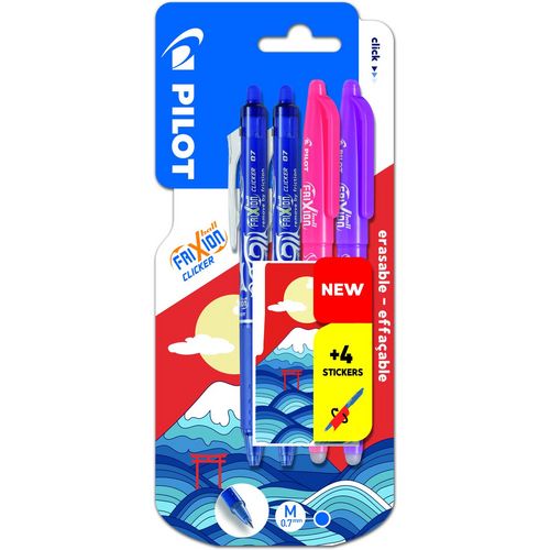 Lot de 2 stylos roller effaçables Frixion Ball rose/violet + 2 stylos bille rétractable Frixion Clic