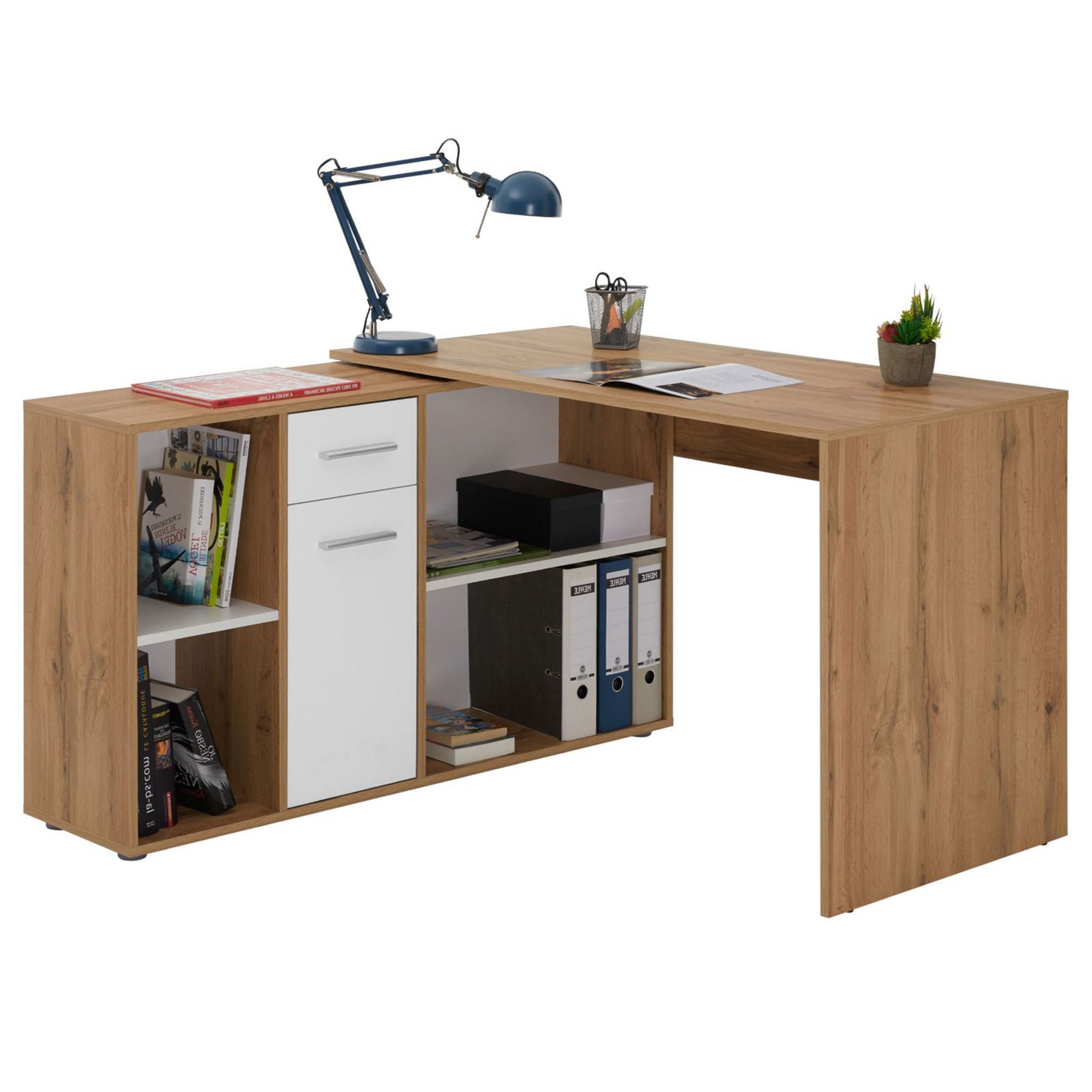 Bureau d'angle CARMEN table meuble de rangement intégré et modulable 4  étagères 1 porte et 1 tiroir, décor chêne sauvage/béton foncé - Achat &  prix