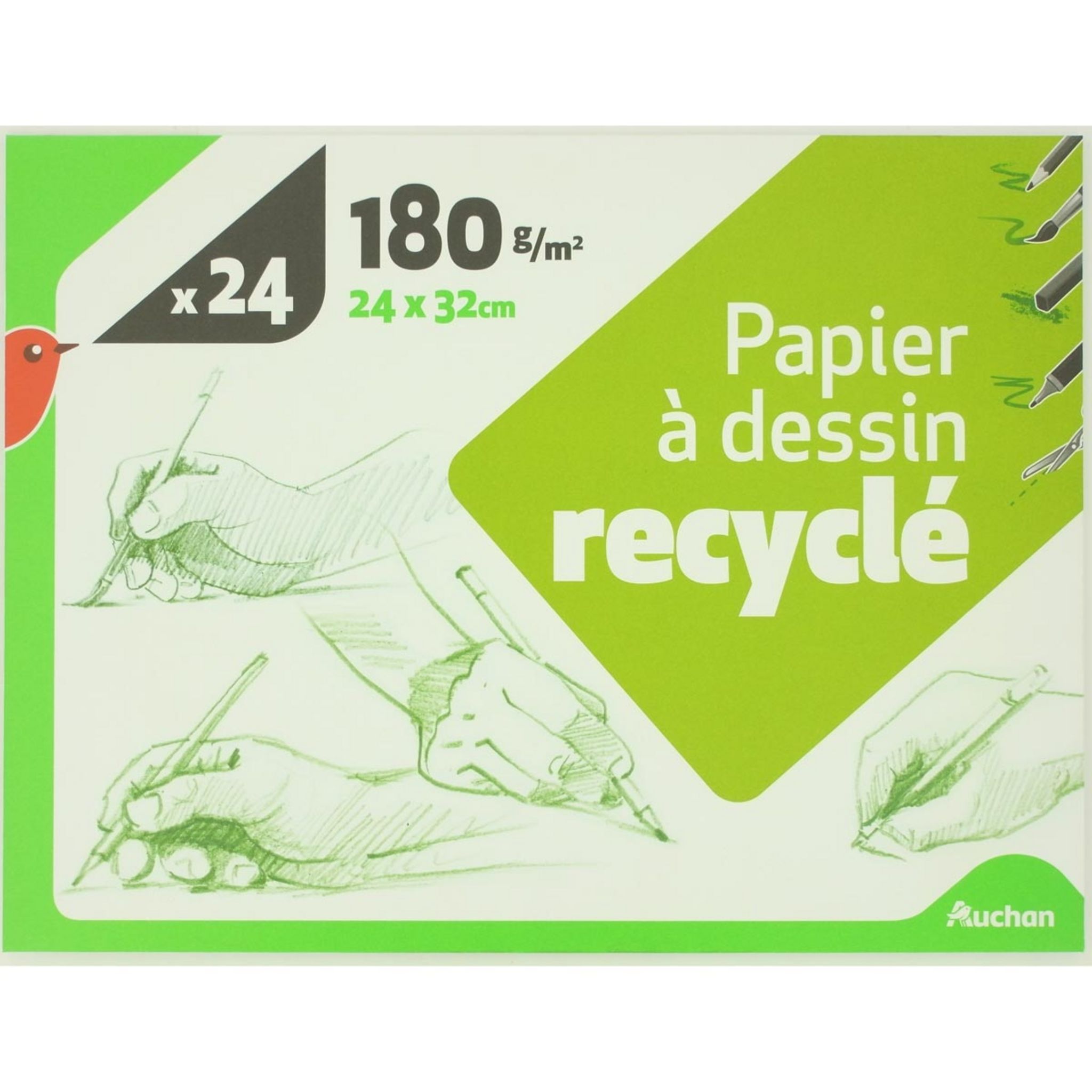AUCHAN Maxi pochette de papier à dessin blanc à grain 24 feuilles 24x32cm  180g/m2 pas cher 