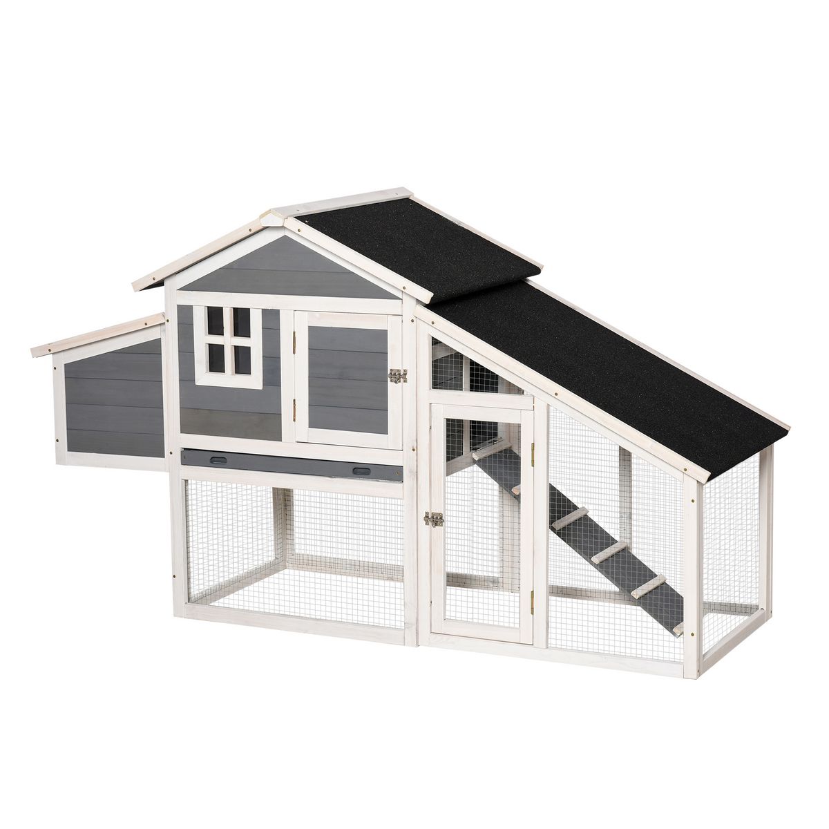 PAWHUT Poulailler cottage cage à poules surélevé dim. 176L x 65l x 100H cm multi-équipement toit bitumé noir bois sapin gris blanc