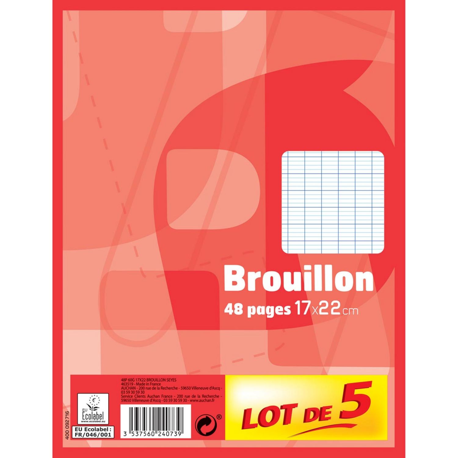 1ER PRIX - LOT DE 5 CAHIER DE BROUILLON PIQURE 17X22096 PAGES SEYES - La  Poste