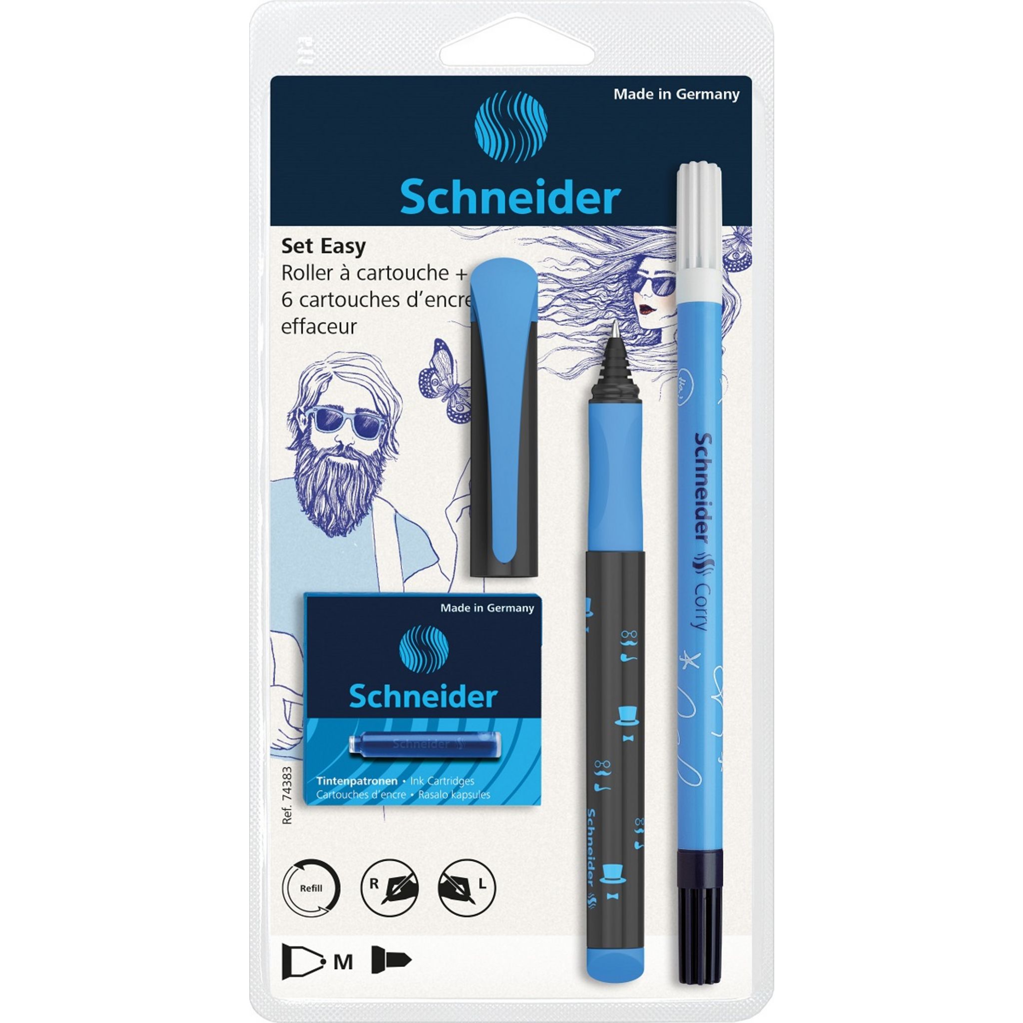 SCHNEIDER Roller à cartouche Zippi Bleu Space, pointe en acier inoxydable,  cartouche encre Bleu