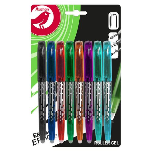 Lot de 8 stylos encre gel effaçable rechargeables pointe moyenne noir/bleu/violet/orange/vert/rouge/