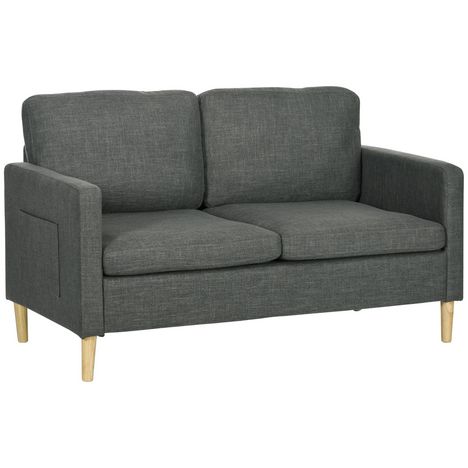 HOMCOM Canapé 2 Places Grand Confort dim. 140L x 78l x 83H cm Coussin déco.  Inclus Pieds Bois Massif Eucalyptus Tissu Lin Gris Clair