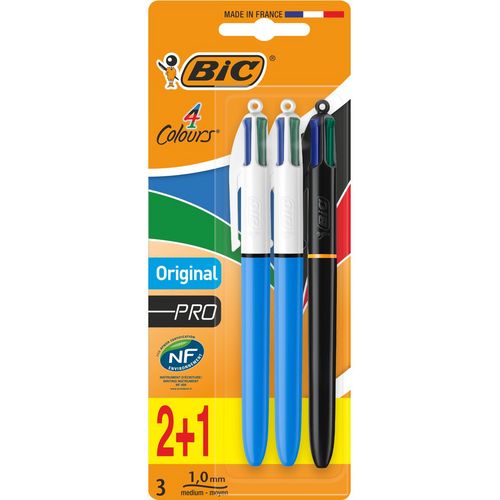 Lot de 3 stylos bille 4 couleurs rétractables pointe moyenne ORIGINAL PRO 2 bleus/1 noir
