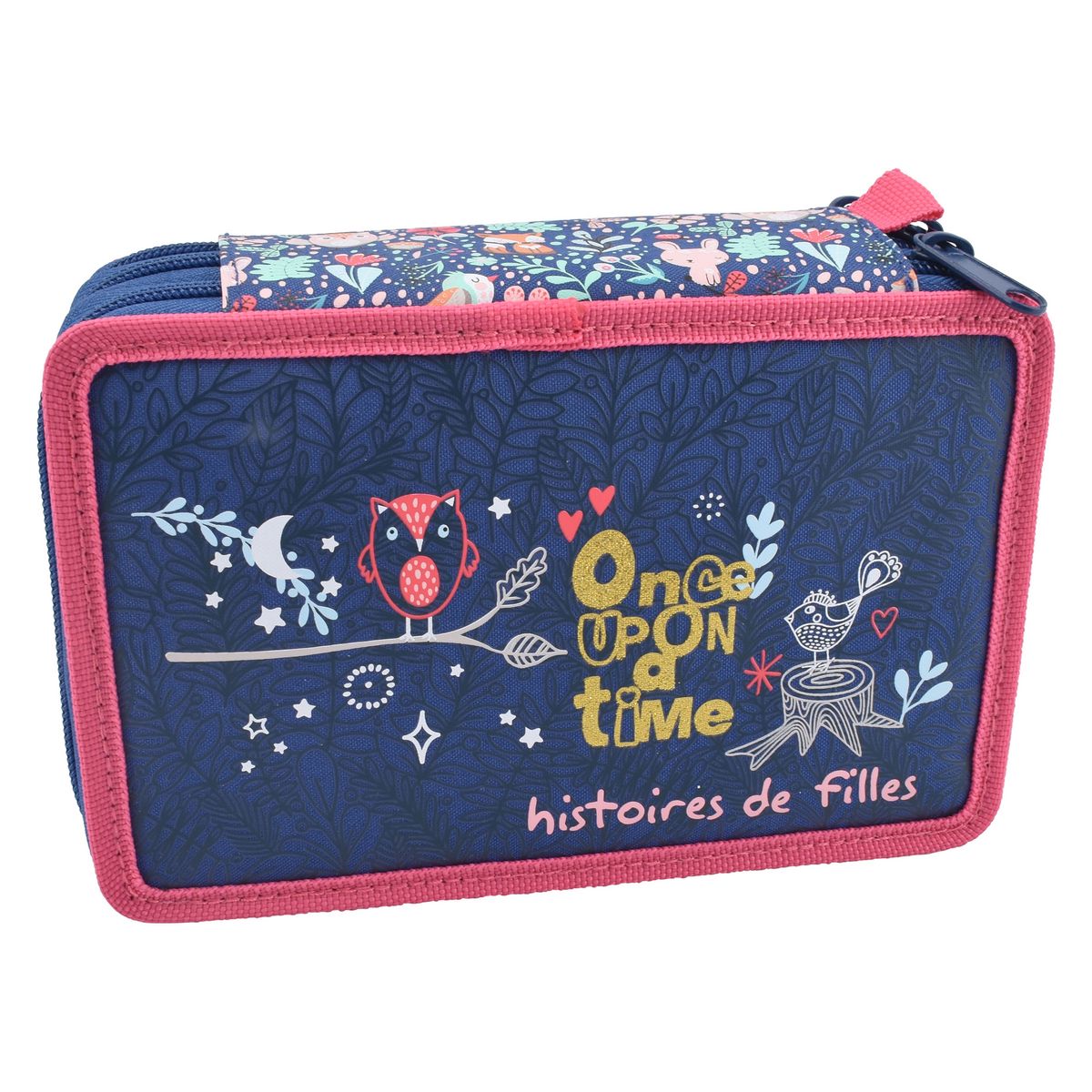 AUCHAN Trousse scolaire 3 compartiments polyester bleu et rose