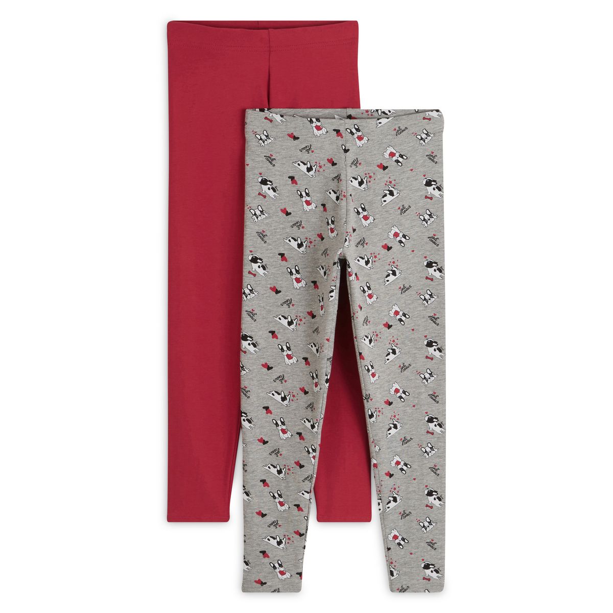 INEXTENSO Lot de 2 leggings fille en coton rouge uni et gris a motif chien pas cher Auchan